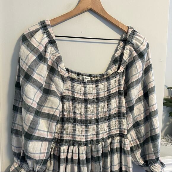 Madewell Cotton Black Blue Pink Smocked Square Neck Mini Dress Large - Picture 10 of 12